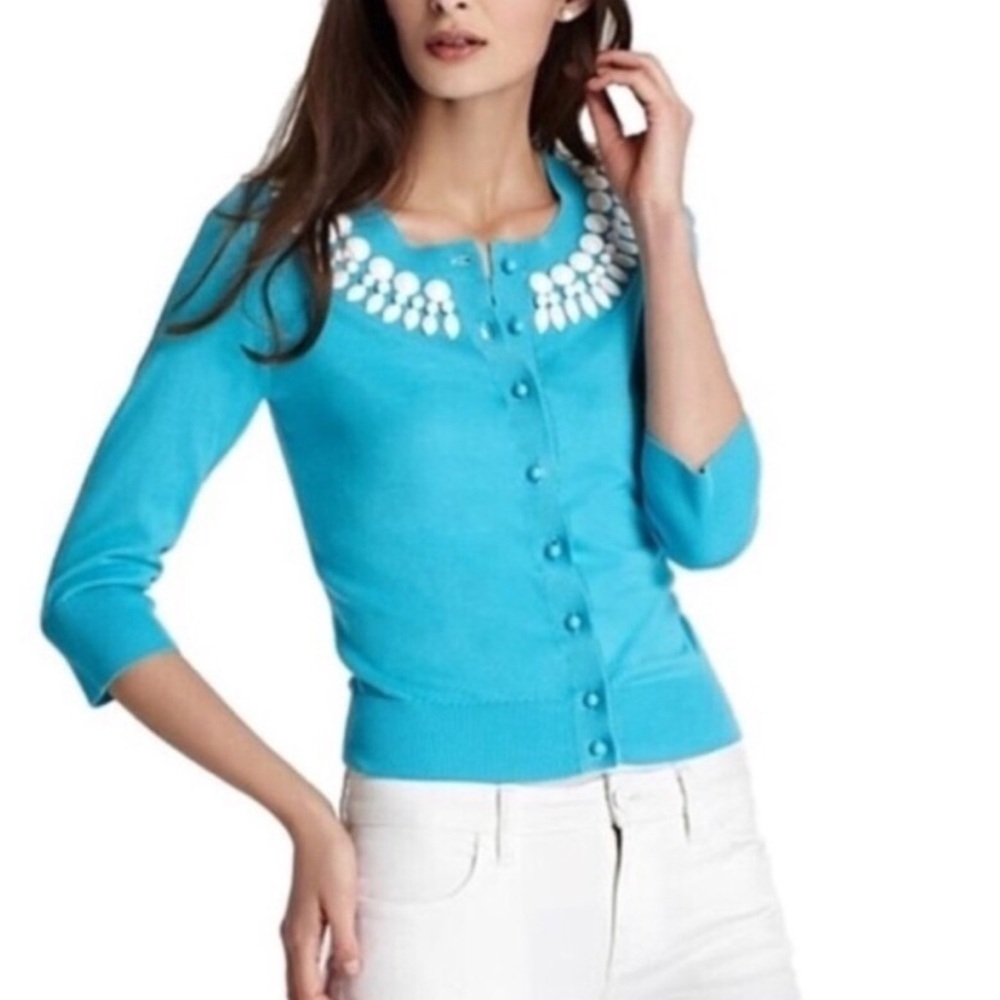 Kate Spade Blue Dive in cardigan sweater with bead embellishment